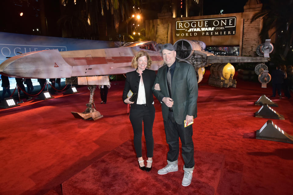 HOLLYWOOD, CA - DECEMBER 10: President of Marvel Studios Kevin Feige (R) and Caitlin Feige attend The World Premiere of Lucasfilm's highly anticipated, first-ever, standalone Star Wars adventure, "Rogue One: A Star Wars Story" at the Pantages Theatre on December 10, 2016 in Hollywood, California.  (Photo by Marc Flores/Getty Images for Disney)