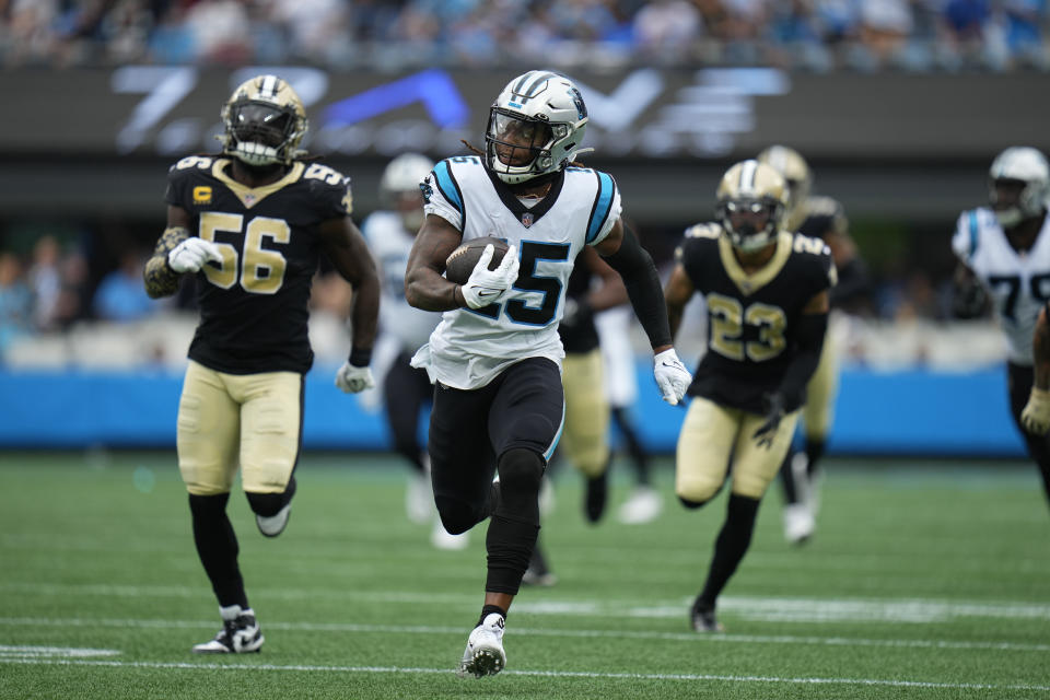 Carolina Panthers wide receiver Laviska Shenault Jr. (15) runs the ball down the field for 67 yards during the second half of an NFL football game against the New Orleans Saints, Sunday, Sept. 25, 2022, in Charlotte, N.C. (AP Photo/Rusty Jones)