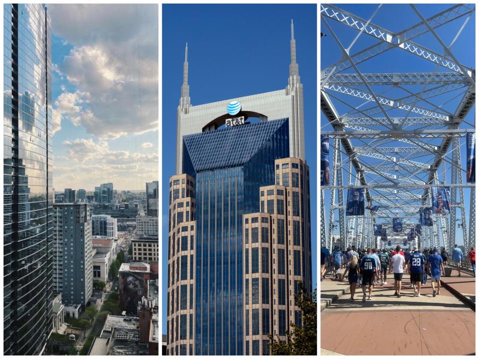 A photo of Nashville, Nashville's AT&T Building, and Nashville's pedestrian bridge