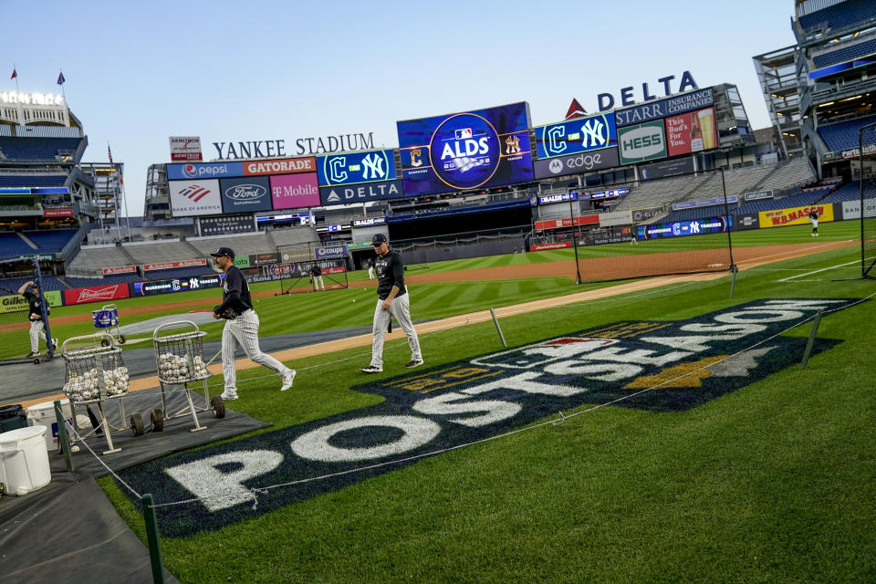 The New York Yankees work out ahead of Game 1 of baseball's American League Division Series against the Cleveland Guardians, Monday, Oct. 10, 2022, in New York. (AP Photo/John Minchillo)