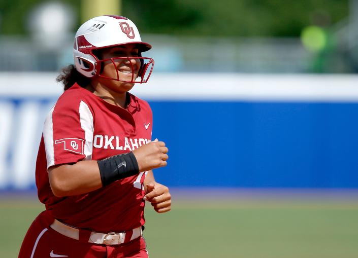 OU's Jocelyn Alo runs the bases after hitting a grand slam in the fifth inning of a 15-0 win against UCLA on Monday.