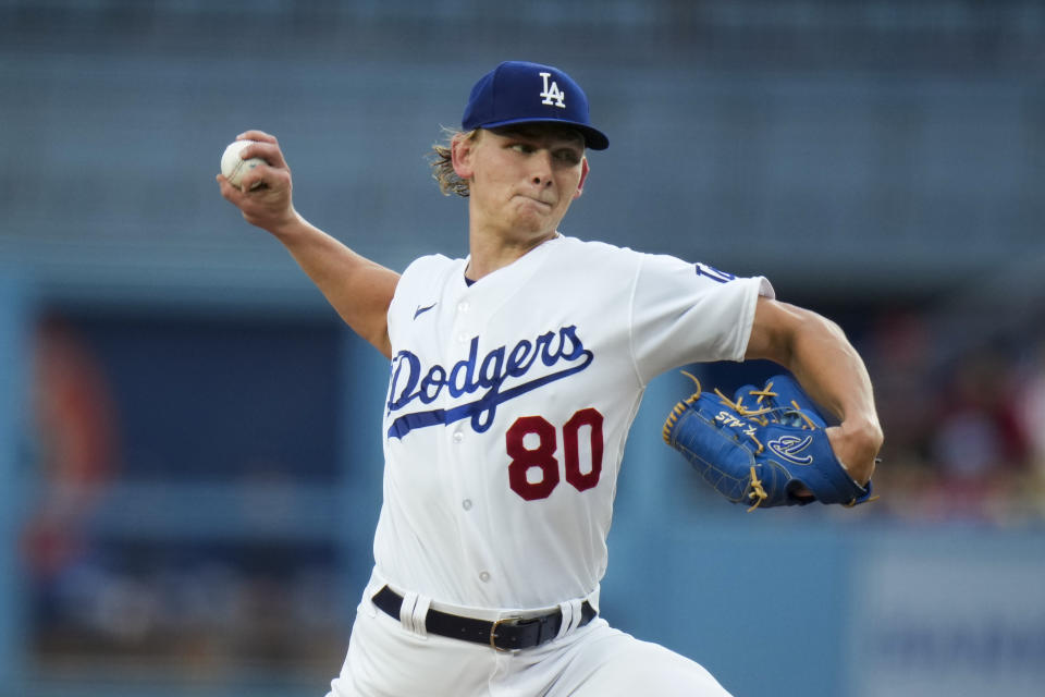 Los Angeles Dodgers starting pitcher Emmet Sheehan throws to an Atlanta Braves batter during the first inning of a baseball game Saturday, Sept. 2, 2023, in Los Angeles. (AP Photo/Jae C. Hong)