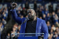 Former Indianapolis Colts' Robert Mathis speaks after being inducted into the Ring of Honor by Colts owner Jim Irsay during a ceremony at halftime in an NFL football game against the Tampa Bay Buccaneers, Sunday, Nov. 28, 2021, in Indianapolis. (AP Photo/AJ Mast)