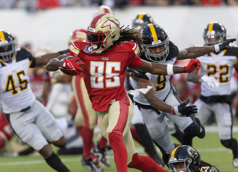 Stallions receiver Deon Cain, runs for a a gain in the second half against the Maulers during the USFL Championship Game, Saturday, in Canton.