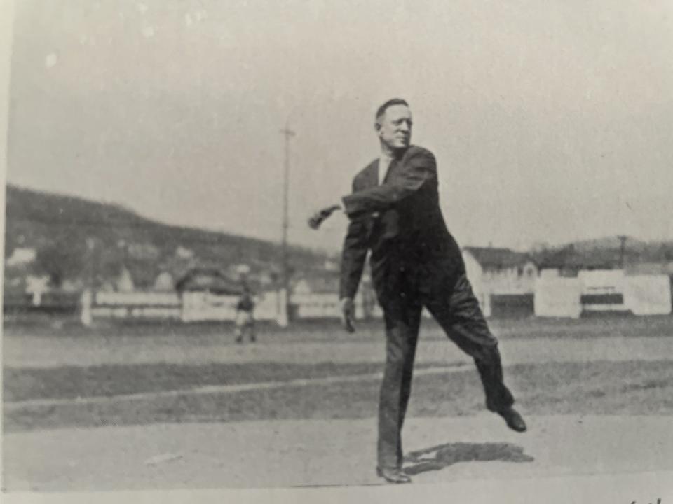 George W. Johnson throwing out the first pitch at Johnson Field, about 1950.