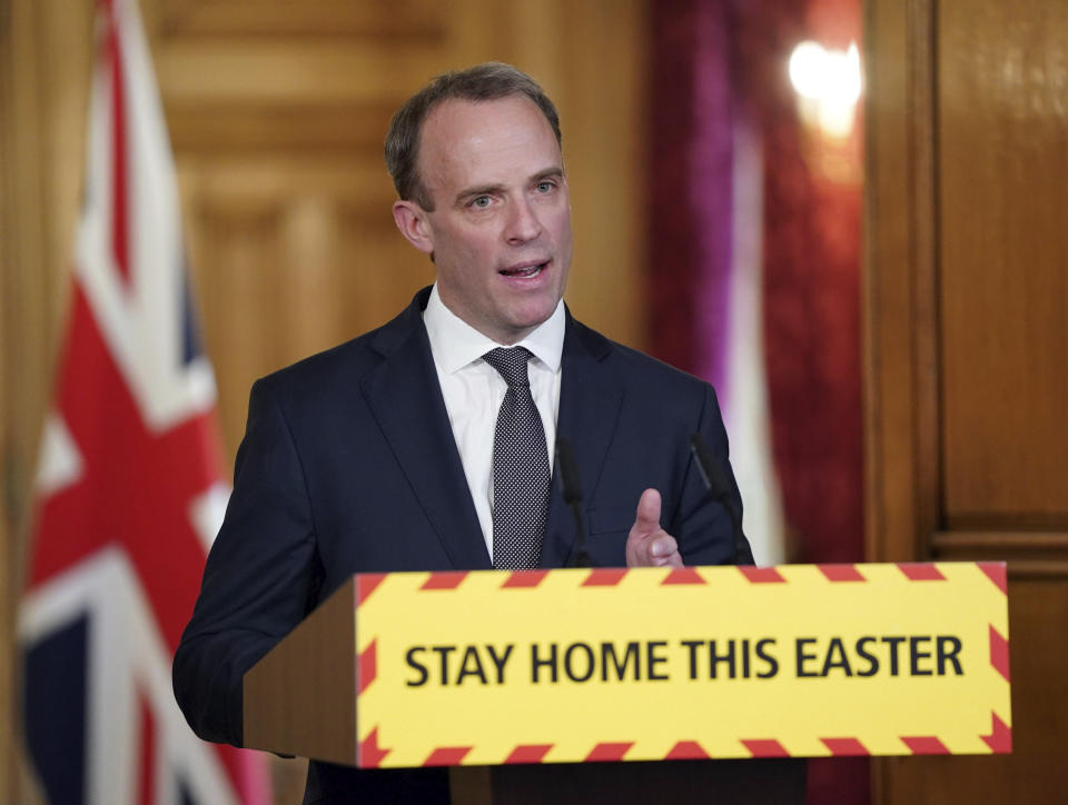 In this handout photo provided by 10 Downing Street, Britain's Foreign Secretary Dominic Raab speaks during a media briefing on coronavirus in Downing Street, London, Thursday, April 9, 2020. The new coronavirus causes mild or moderate symptoms for most people, but for some, especially older adults and people with existing health problems, it can cause more severe illness or death. (Pippa Fowles/10 Downing Street via AP)