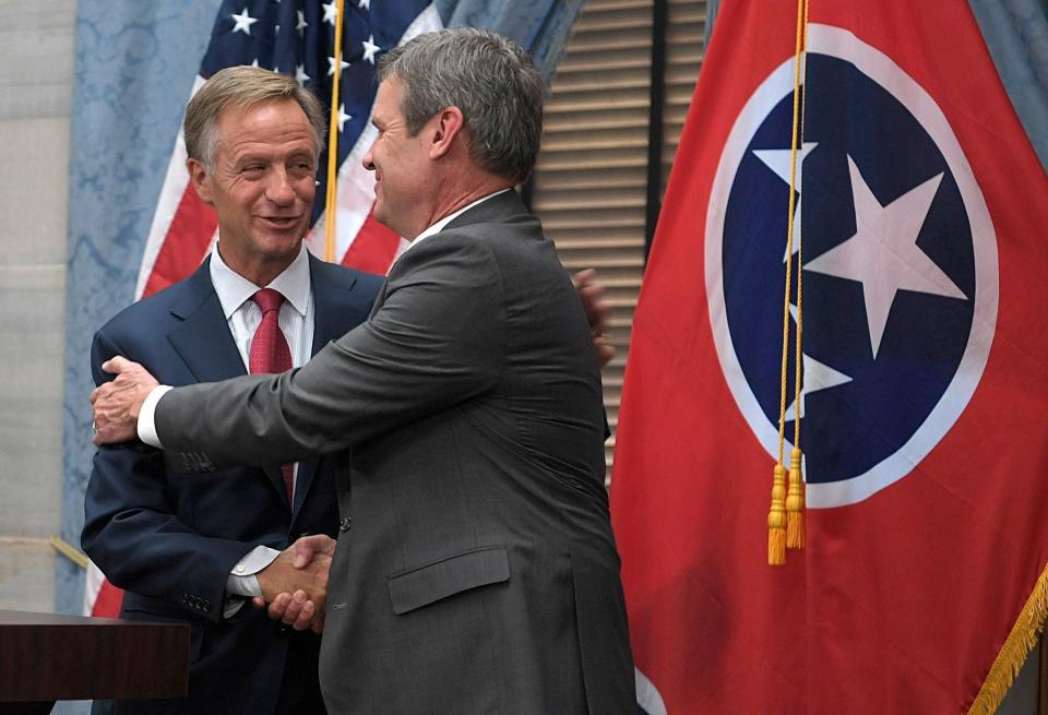 Governor-elect Bill Lee, right, and Governor Bill Haslam held a joint press conference Nov. 7, 2018 at the Tennessee State Capitol.