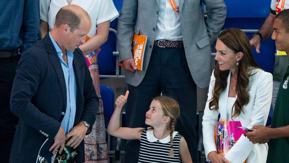 <p>Princess Charlotte is the cutest fan in the crowd as she joins parents Prince William and Kate Middleton at the Commonwealth Games on Aug. 2 in Birmingham, England. </p>