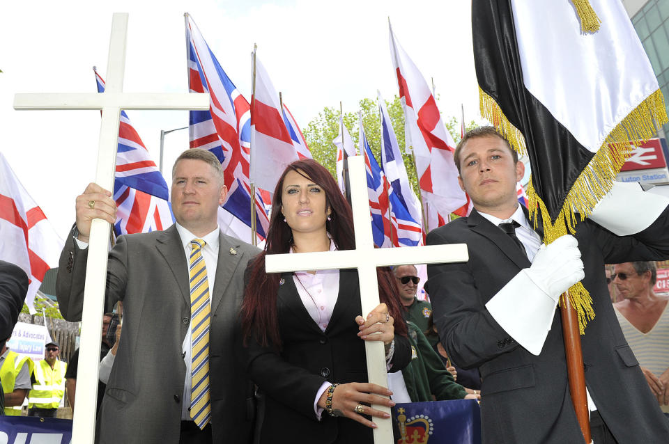 Golding, left, and Fransen, center, join a British First protest march at Bury Park on June 27, 2015, in Luton, England. (Photo: Tony Margiocchi/Barcroft Media via Getty Images)