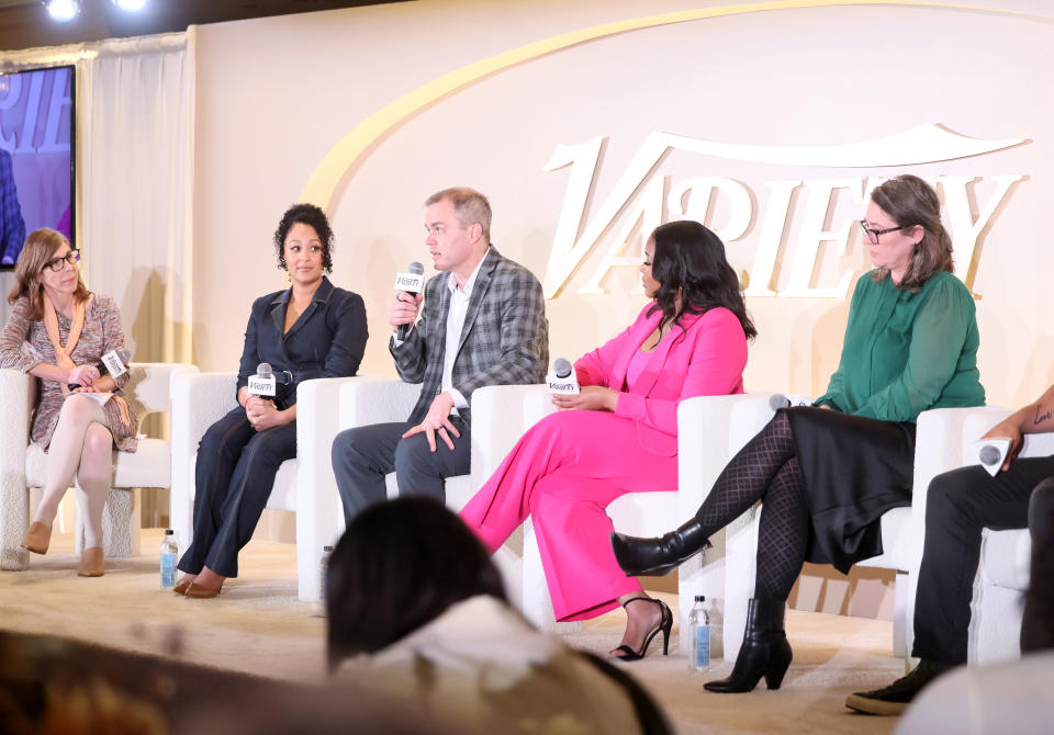 LOS ANGELES, CALIFORNIA - FEBRUARY 13: (L-R) Cynthia Littleton, Co-Editor-in-Chief at Variety, Tamera Mowry-Housley, Neal Harmon, Shakyna Bolden, and Jennifer Quainton speak onstage during the Variety Spirituality and Faith in Entertainment Breakfast presented by FAMI at The London Hotel on February 13, 2024 in Los Angeles, California. (Photo by Rodin Eckenroth/Variety via Getty Images)