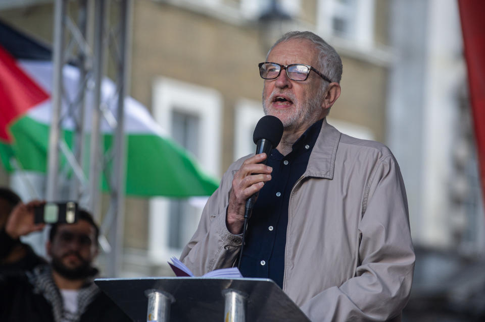 LONDON, ENGLAND - OCTOBER 14: Jeremy Corbyn MP addresses a Pro-Palestinian rally in Whitehall on October 14, 2023 in London, United Kingdom. Groups supporting Palestine protest at Israel's retaliation to Hamas attacks across the UK this weekend despite the Home Secretary, Suella Braverman, suggesting that waving Palestinian flags and using popular pro-Palestine slogans could be illegal under the Public Order Act in a letter she sent to police chiefs in England and Wales on Tuesday. (Photo by Guy Smallman/Getty Images)