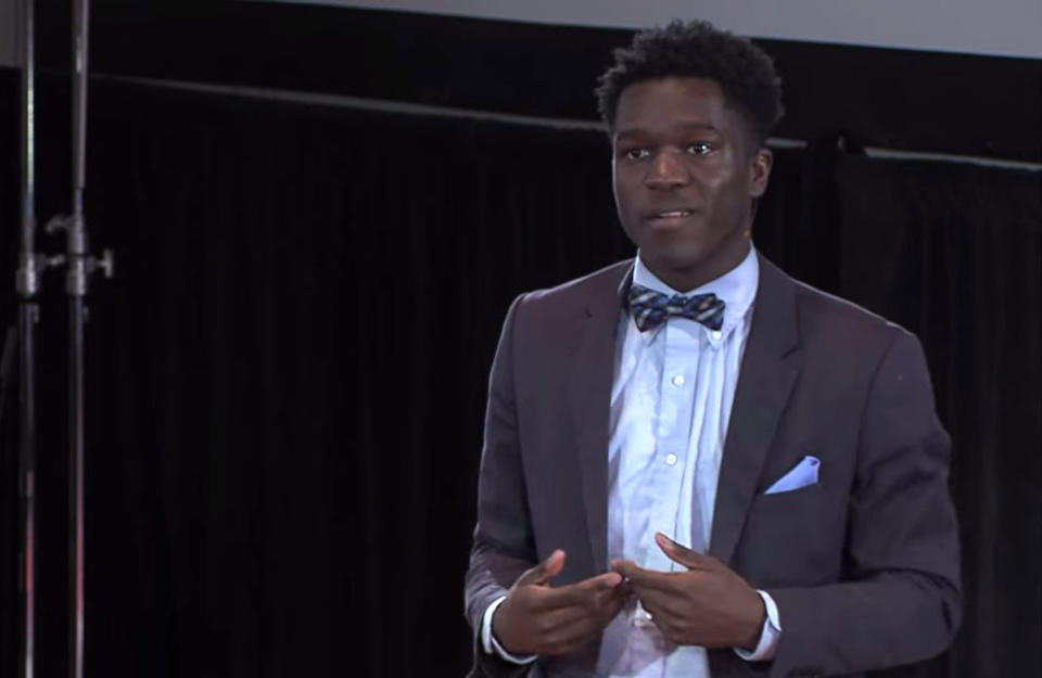 Seun Babalola delivers a TEDx talk in 2017. (YouTube)