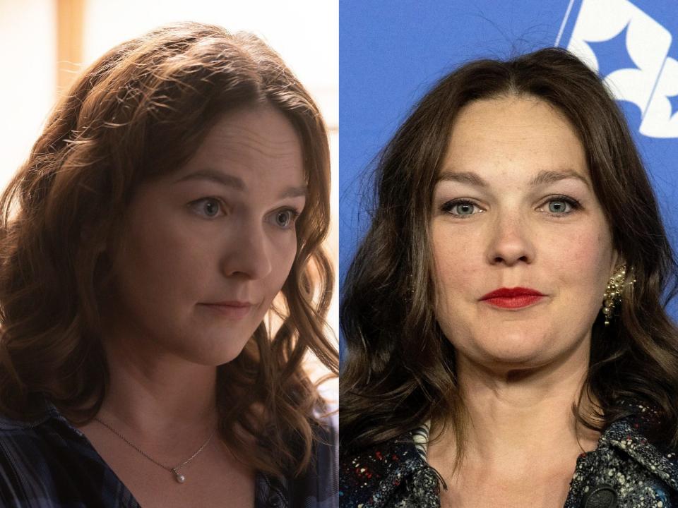 left: sally jackson looking serious in live action percy jackson; right: virginia kull smiling slightly on a red carpet