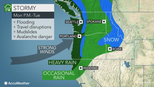 Rain, wind, mountain snow and rough surf will lash the Northwest and California through Sunday night as the barrage of Pacific storms continues.