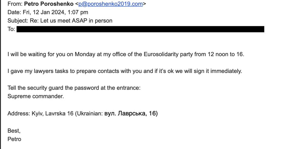 A screenshot of one of the emails sent by the person posing as ex-President Petro Poroshenko. 