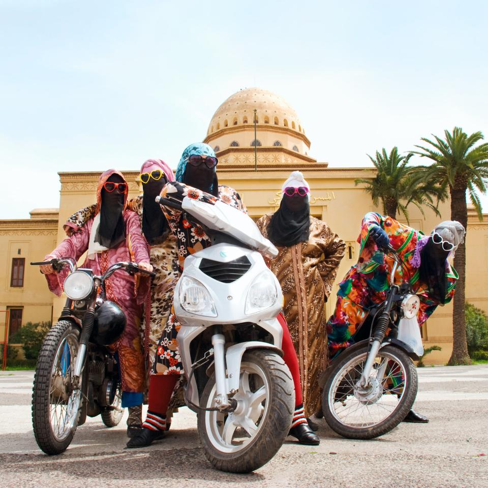 Knowing that the sight of veiled women riding motorbikes would be jarring from a Western perspective, Hassan Hajjaj shot Kesh Angels in Marrakech in 2010, naming them Kesh for Marrakech, and taking Angels from the Hells Angels Motorcycle Club. It’s meant to be, in his words, “a still from a movie you haven’t seen yet.”