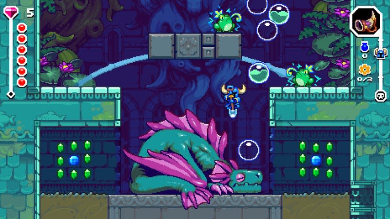 Shovel Knight prepares to decapitate a dragon. 