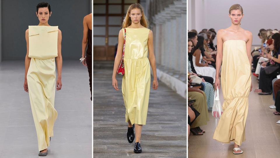 Models wearing yellow at Loewe, Bally, Proenza Schouler SS24