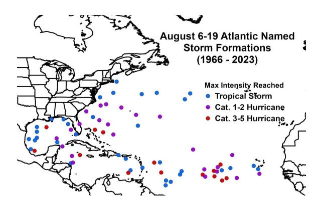 Atlantic named storm formations from Aug. 6-19 from 1966–2023 and the maximum intensity the named storms reached.