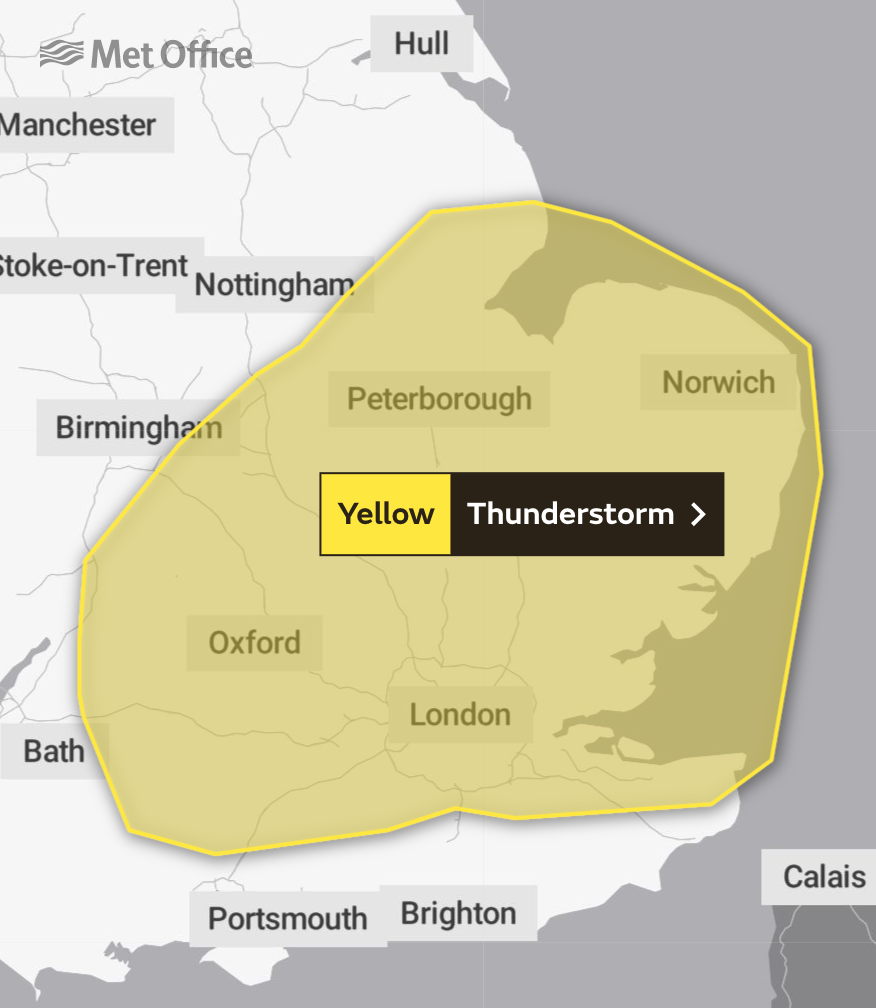 The yellow weather warning in force tomorrow (Met Office)