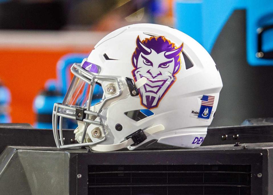 <p>John Korduner/Icon Sportswire via Getty</p> Northwestern State Demons helmet 