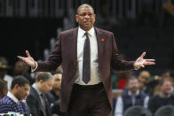 Los Angeles Clippers head coach Doc Rivers reacts to a foul call in the first half of an NBA basketball game against the Atlanta Hawks, Wednesday, Jan. 22, 2020, in Atlanta. (AP Photo/Brett Davis)