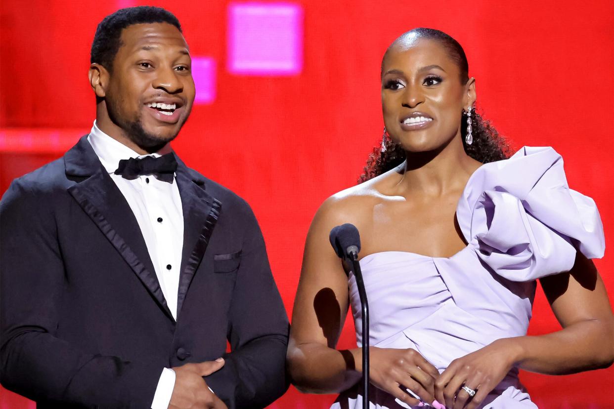 Jonathan Majors and Issa Rae speak onstage during the 54th NAACP Image Awards at Pasadena Civic Auditorium on February 25, 2023 in Pasadena, California.