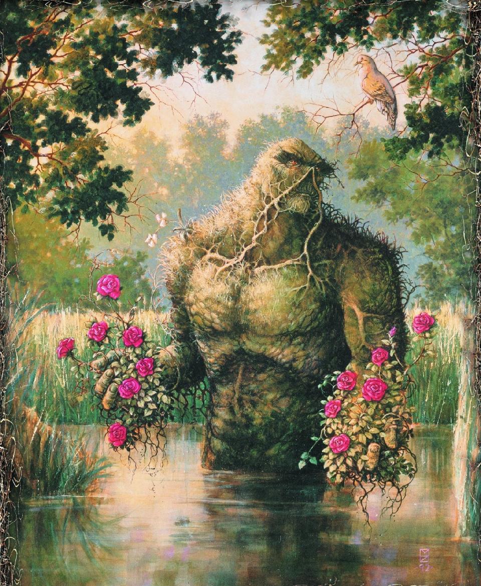 The cover of Saga of the Swamp Thing depicts the titular character amid gorgeous greenery and flowers.