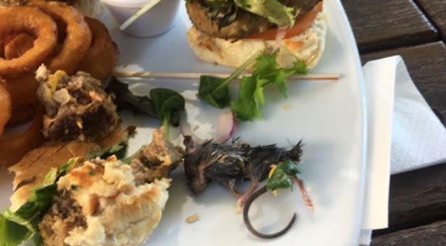 Bruce Blackburn claims he found a mouse inside his burger while having an Australian Day lunch with friends. Source: Facebook/ Peta Blackburn