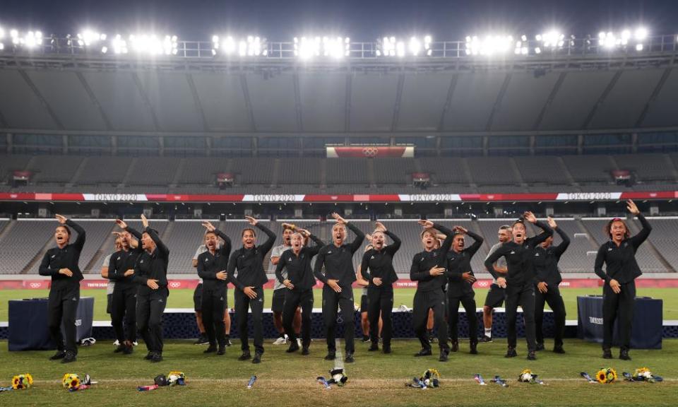 Gold medalists perform the haka led by Sarah Hirini.