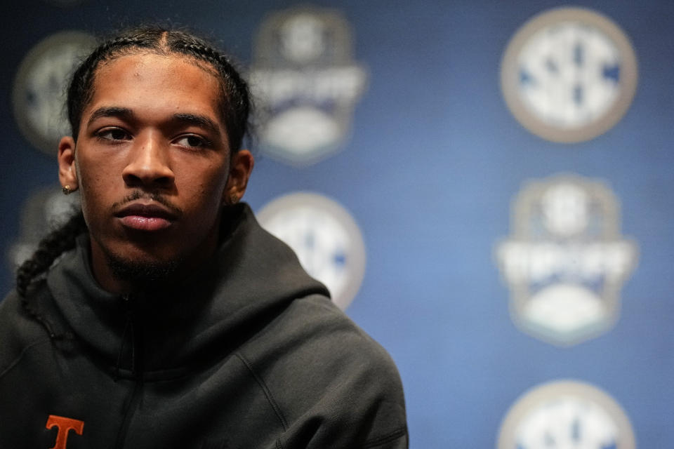 Tennessee NCAA college basketball player Zakai Zeigler speaks during Southeastern Conference Media Days, Wednesday, Oct. 18, 2023, in Birmingham, Ala. (AP Photo/Mike Stewart)
