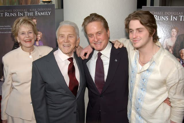 <p>Dimitrios Kambouris/WireImage</p> Diana Douglas, Kirk Douglas, Michael Douglas and Cameron Douglas