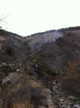 A general view of the crash site of a Germanwings Airbus A320 in the French Alps above Seyne-les-Alpes is pictured in this photo provided by the French Gendarmerie March 24, 2015. REUTERS/French Gendarmerie/Handout via REUTERS