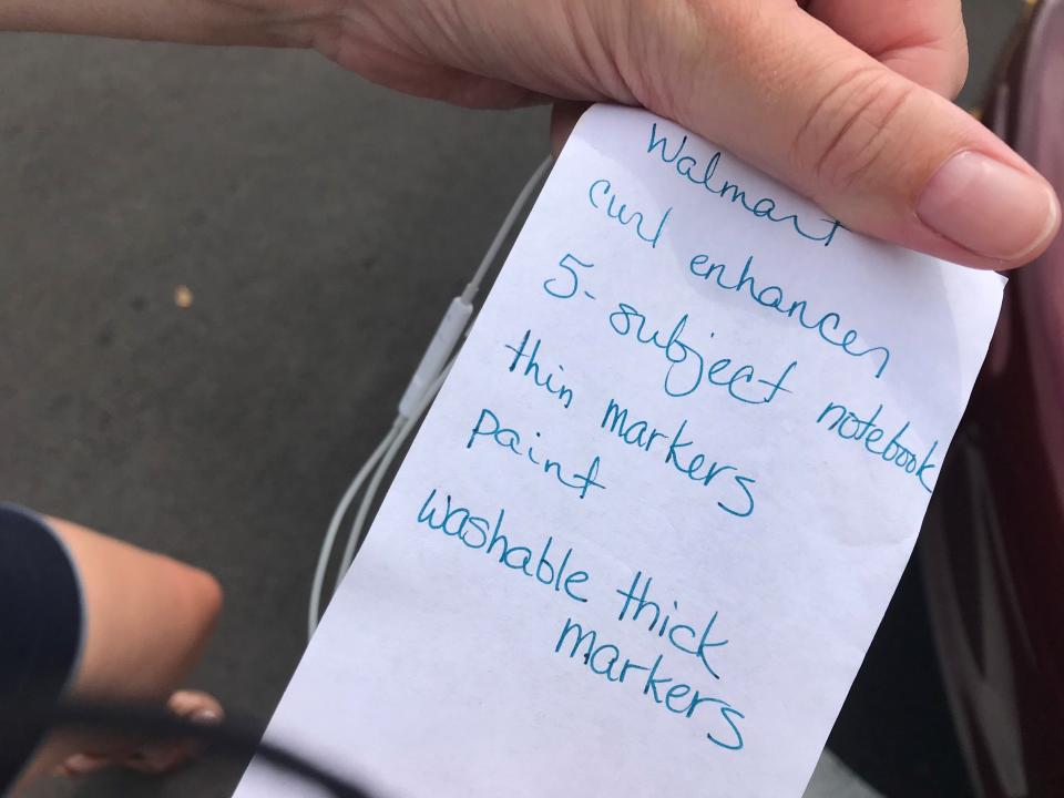 Dorey Tabor had the back-to-school list in hand at the Walmart parking lot in Warren on Van Dyke. Tabor estimates that it's going to cost her about $1,000 for school supplies for her four daughters, including a $400 laptop that's required for one daughter. "Every class has their list of everything they want us to bring. They want name brands, Elmers and Crayola and they're the priciest," she said.