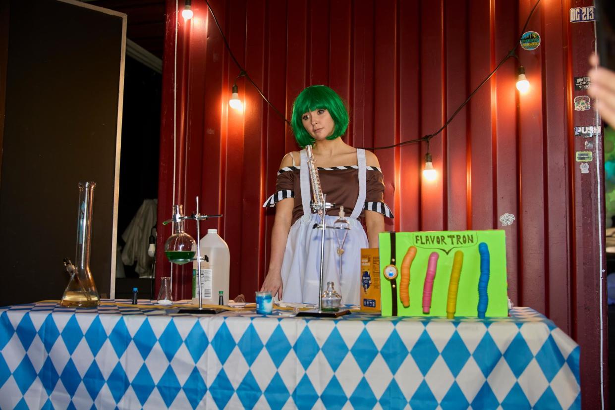 <span>Kirsty Paterson, AKA the sad Oompa Loompa, at Willy's Chocolate Experience LA on Sunday.</span><span>Photograph: Oscar Mendoza</span>