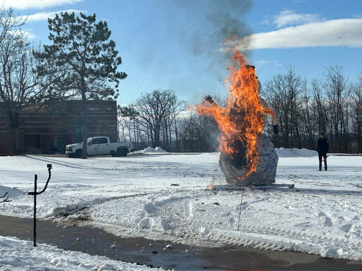 The burning snowman lasted for several minutes before being extinguished by the Chippewa County Fire Department during the annual Snowman Burning at LSSU on March, 21, 2024.