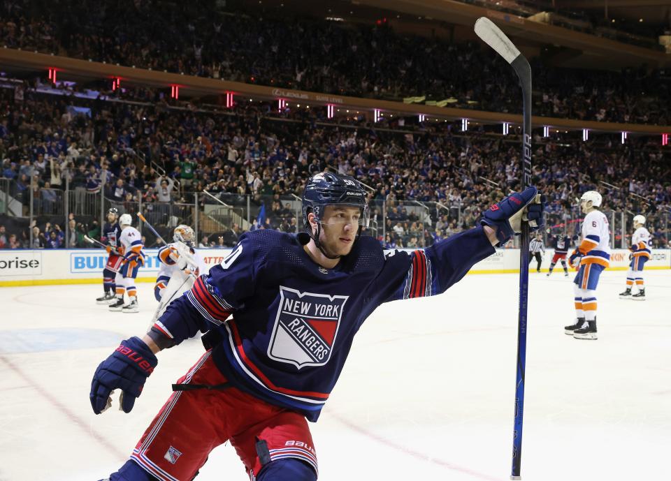 NEW YORK, NEW YORK - MARCH 17: Will Cuylle #50 of the New York Rangers celebrates his second period goal against the New York Islanders at Madison Square Garden on March 17, 2024 in New York City.