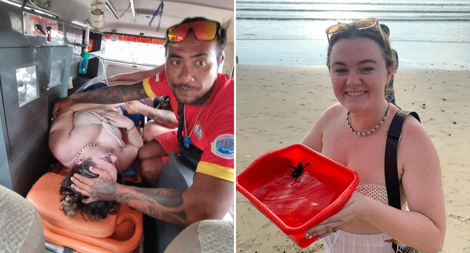 Clea with a swollen face holding a baby sea turtle in Bali and in the back of the ambulance with a lifesaver.