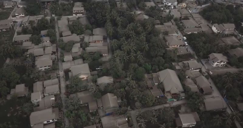 Aerial view shows buildings covered in volcanic ash in Calaca