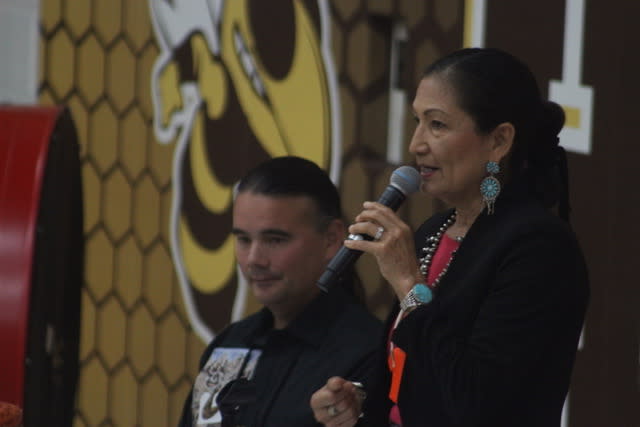 U.S. Secretary of the Interior Deb Haaland gives opening remarks at the second stop on the Road to Healing Tour in Harbor Springs, MI (photo by Levi Rickert for Native New Online)