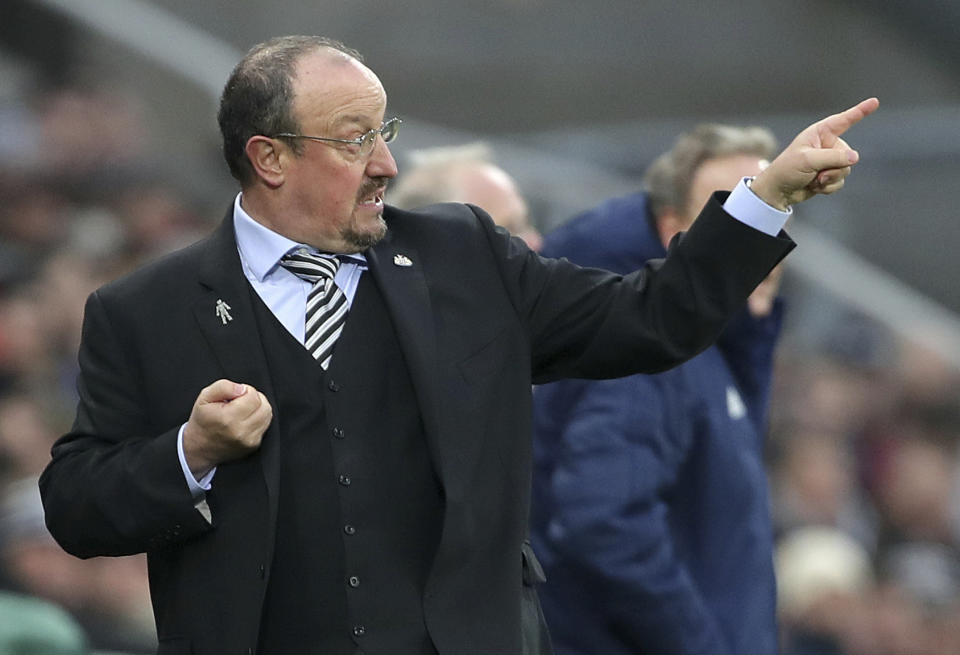 Newcastle United manager Rafael Benitez reacts on the touchline during the game against Cardiff City, during their English Premier League soccer match at St James' Park in Newcastle, England, Saturday Jan. 19, 2019. (Richard Sellers/PA via AP)
