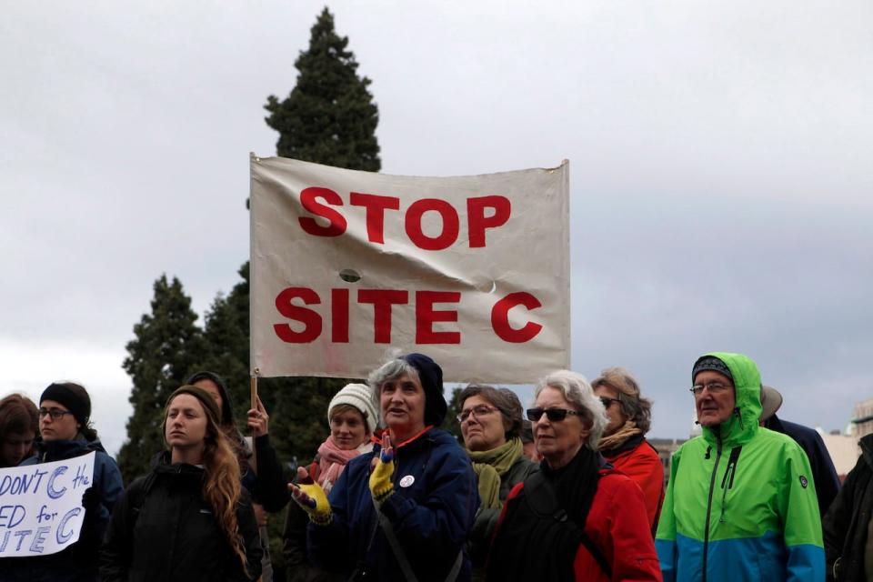 Site C protesters gather after delivering a petition to politicians in Victoria in 2017. First Nations groups will seek an interim injunction against the mega-project this week.