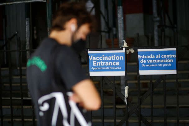 PHOTO: A sign marks the entrance of a vaccination site for Monkeypox, July 17, 2022, in New York City. (Kena Betancur/AFP via Getty Images)