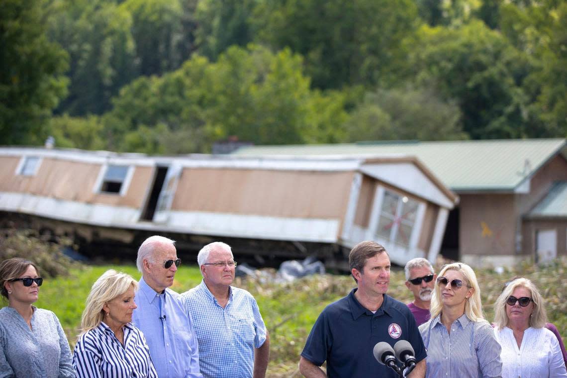 Kentucky Gov. Andy Beshear speaks in Lost Creek, Ky., on Monday, Aug. 8, 2022, about the recovery efforts following flooding in Eastern Kentucky. President Joe Biden and First Lady Dr. Jill Biden were in the area for a tour along with by local, state and federal officials and also people whose homes were destroyed in the flooding.