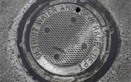 A City of Detroit Water and Sewerage man-hole cover is seen along Jefferson Avenue in the Delray neighborhood of Detroit, Michigan December 13, 2013. REUTERS/Rebecca Cook