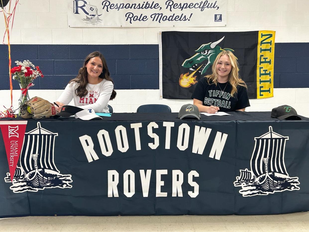 Rootstown softball's Shelbie Krieger (Miami University) and Natalie Hammerschmidt (Tiffin) sign their letters of intent back in 2023.