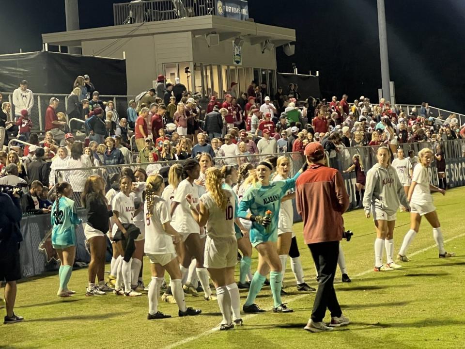 Alabama players celebrate after win against Mississippi State in Tuesday's quarterfinal round of the SEC Women's Soccer Tournament