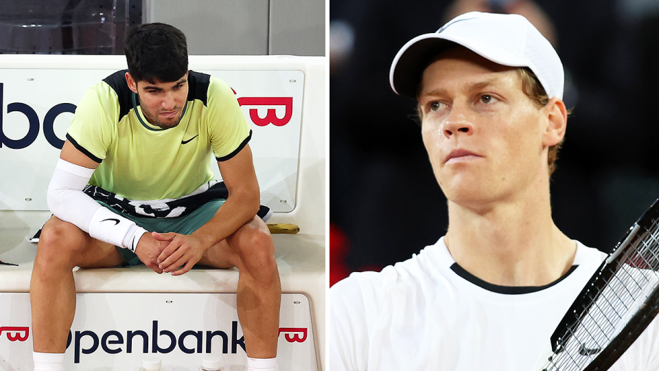 The tennis community has been left in disbelief afte Jannik Sinner (pictured right) withdrew from his match at the Madrid Open due to injury, while Carlos Alcaraz was eliminated. (Getty Images)