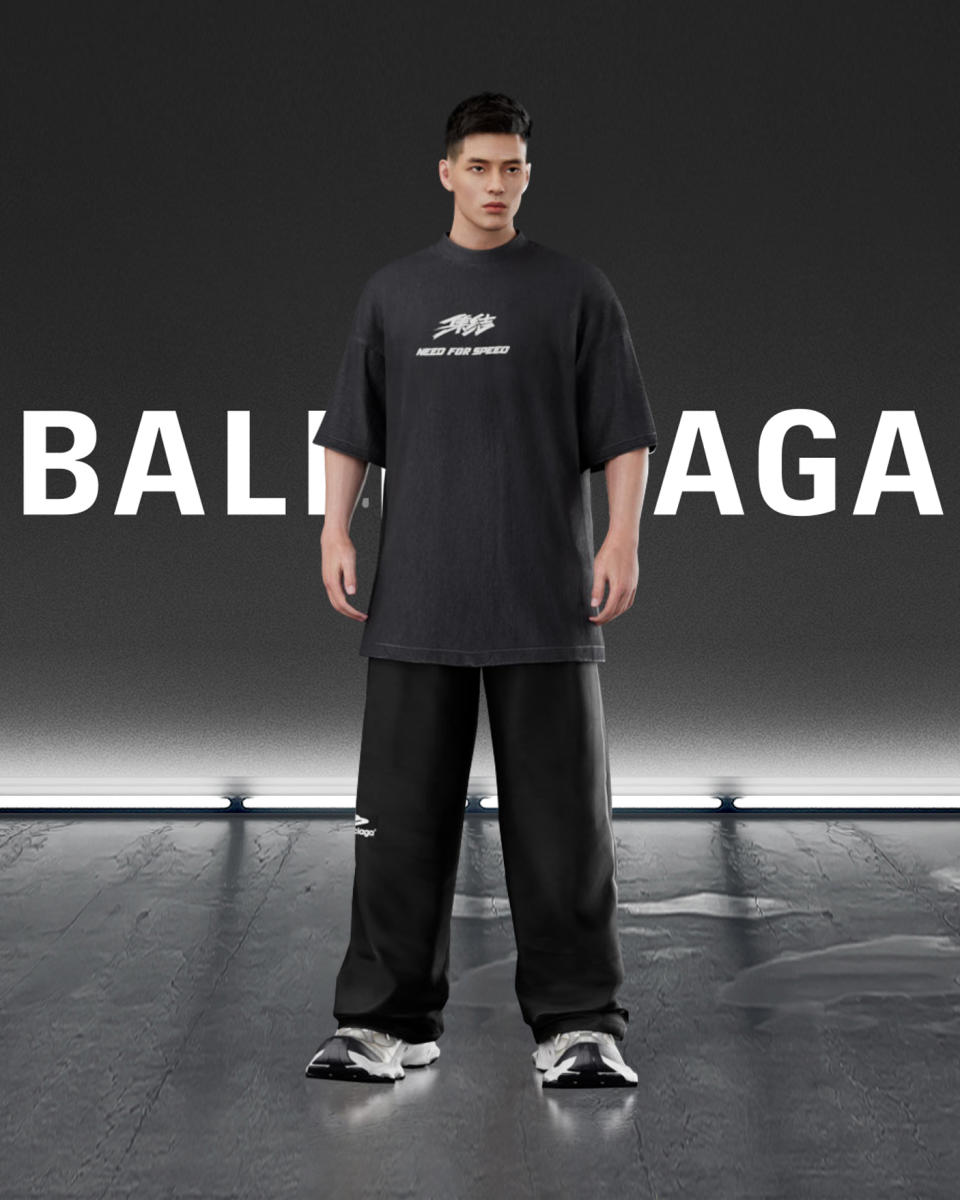 A character in the game wearing a Balenciaga x Need for Speed Mobile t-shirt.