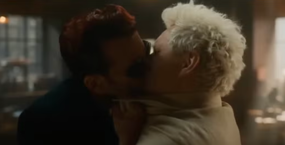 Crowley and Aziraphale kiss in the final episode of the second series (Amazon Prime Video)